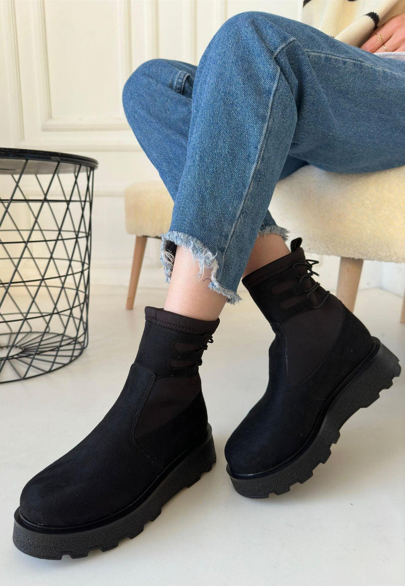 Women's Black Suede Lace-Up Ankle Boots - STREETMODE™