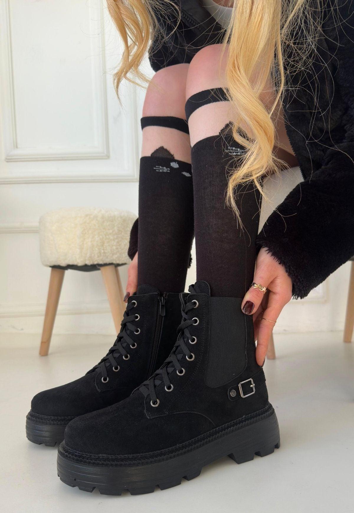 Women's Black Suede Lace-Up Boots - STREETMODE™