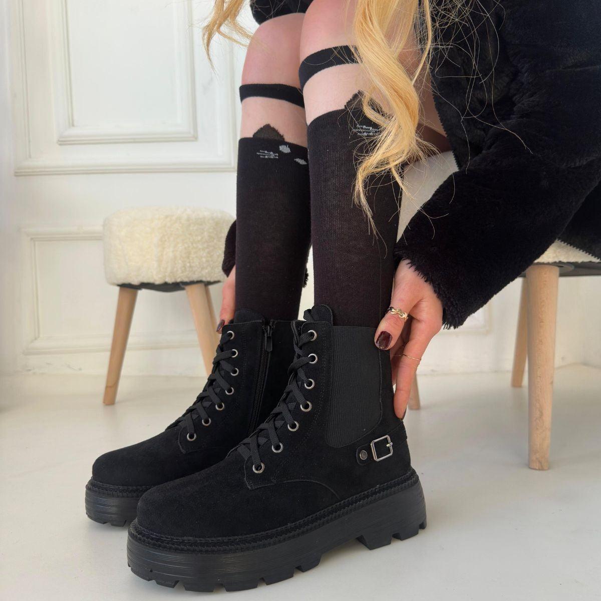 Women's Black Suede Lace-Up Boots - STREETMODE™