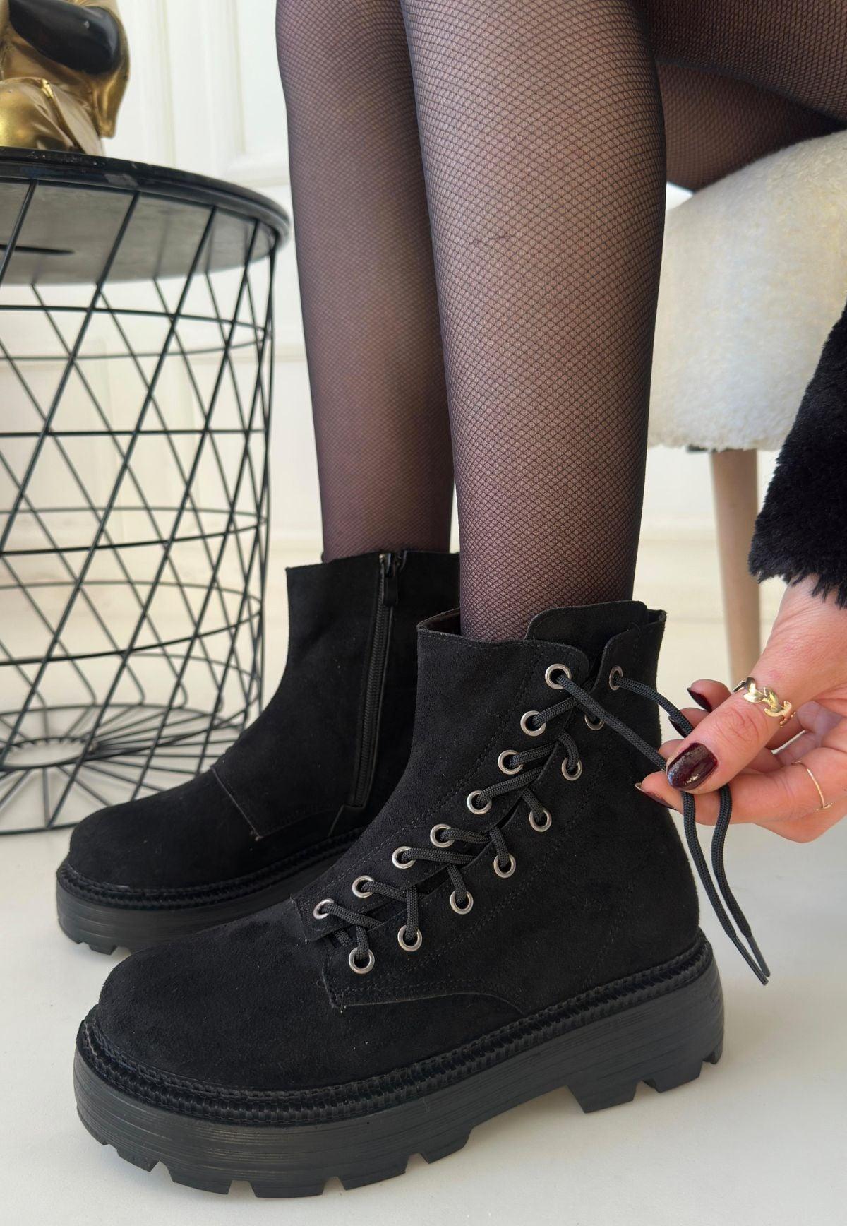 Women's Black Suede Lace-Up Boots - STREETMODE™