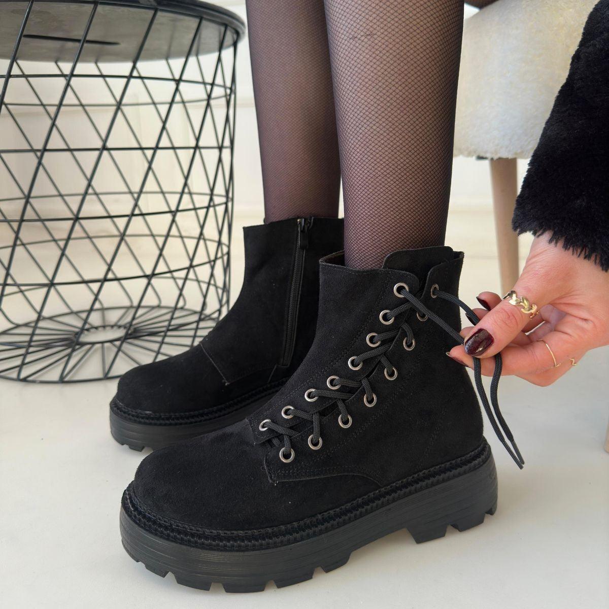 Women's Black Suede Lace-Up Boots - STREETMODE™