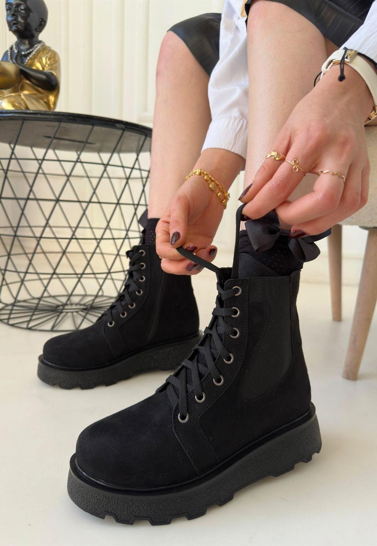 Women's Black Suede Lace-Up Boots - STREETMODE™