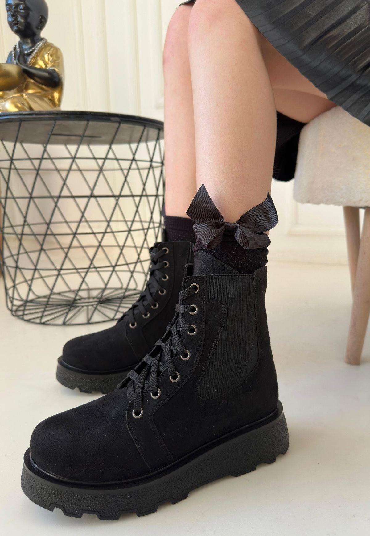 Women's Black Suede Lace-Up Boots - STREETMODE™