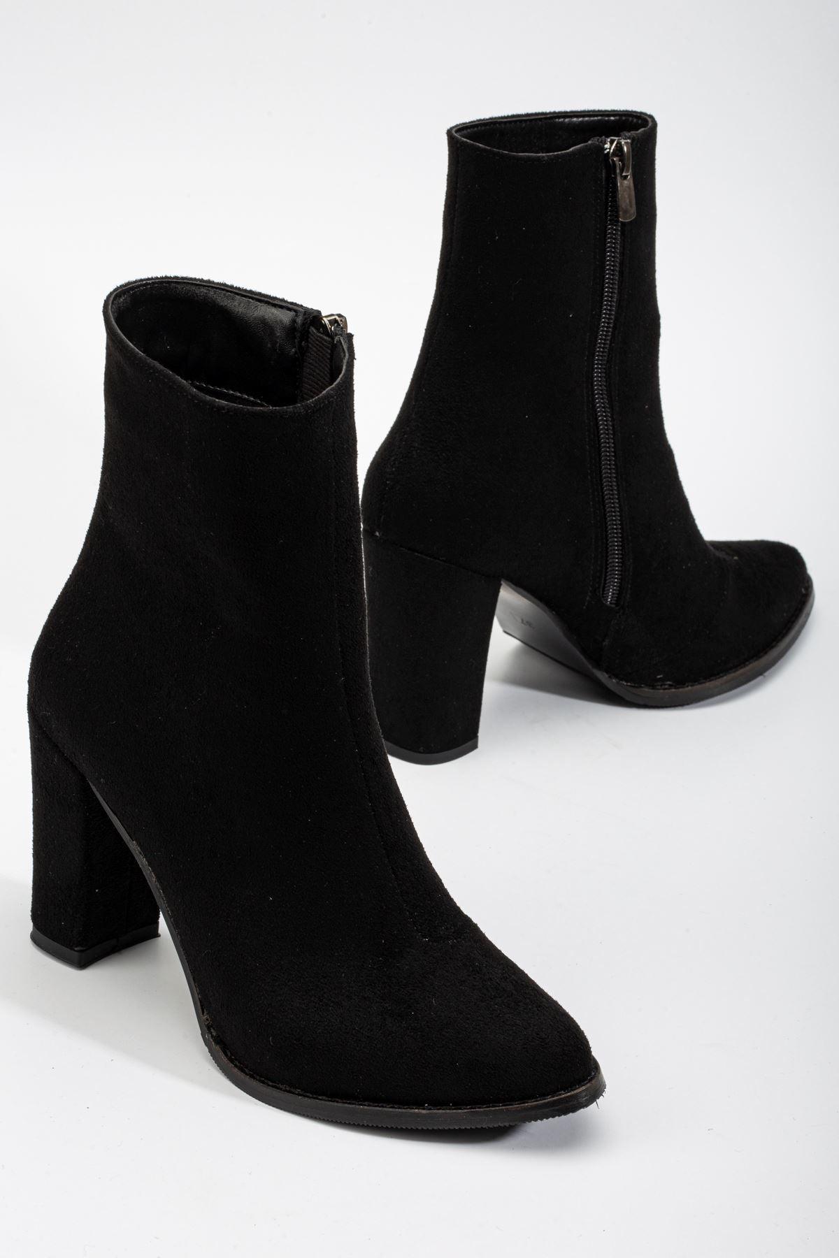 Women's Black Suede Pointed Toe Zippered Thick Heel Boots - STREETMODE™