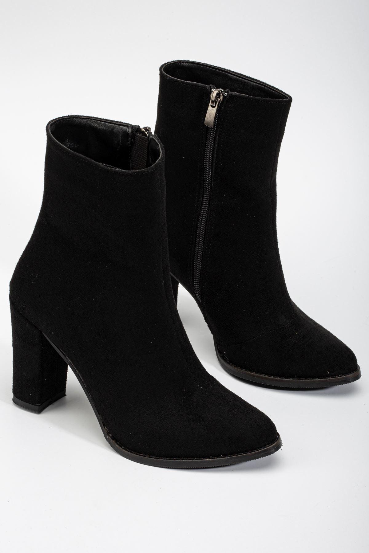 Women's Black Suede Pointed Toe Zippered Thick Heel Boots - STREETMODE™