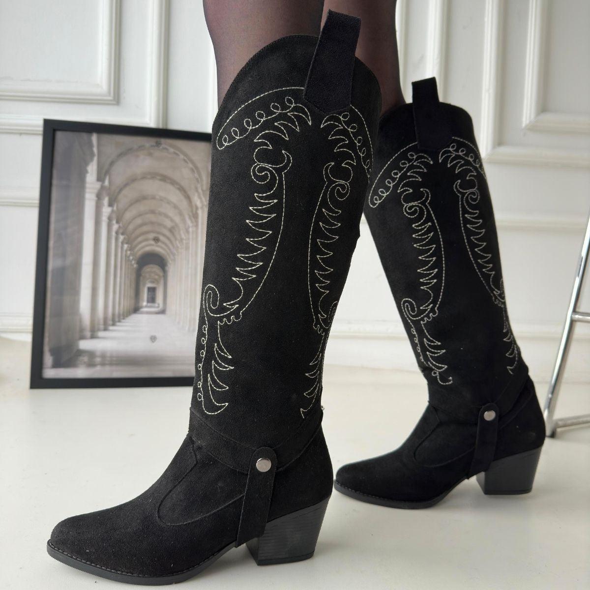 Women's Black Suede Slip-On High Heel Boots And Boots - STREETMODE™