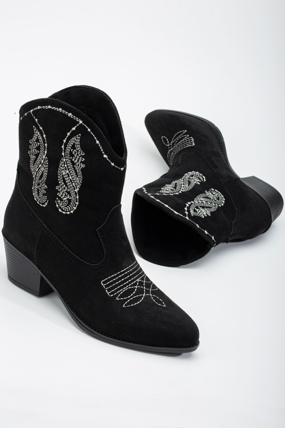 Women's Black Suede Thermo Sole Embroidered Western Cowboy Boots - STREETMODE™