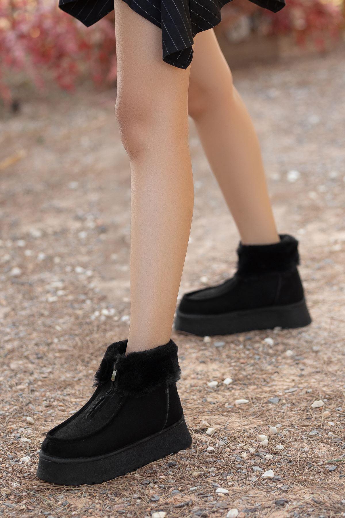 Women's Black Suede Thick Sole Zipper Detailed Fur Boots - STREETMODE™