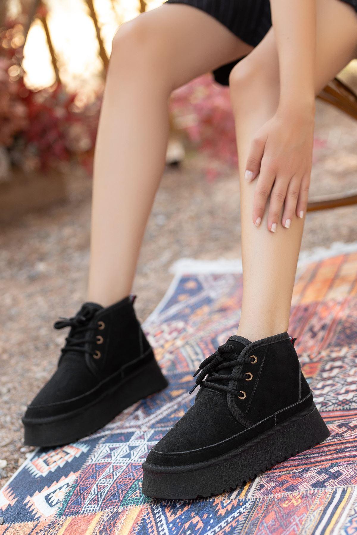 Women's Black Suede Thick-Soled Lace-Up Ankle Boots - STREETMODE™