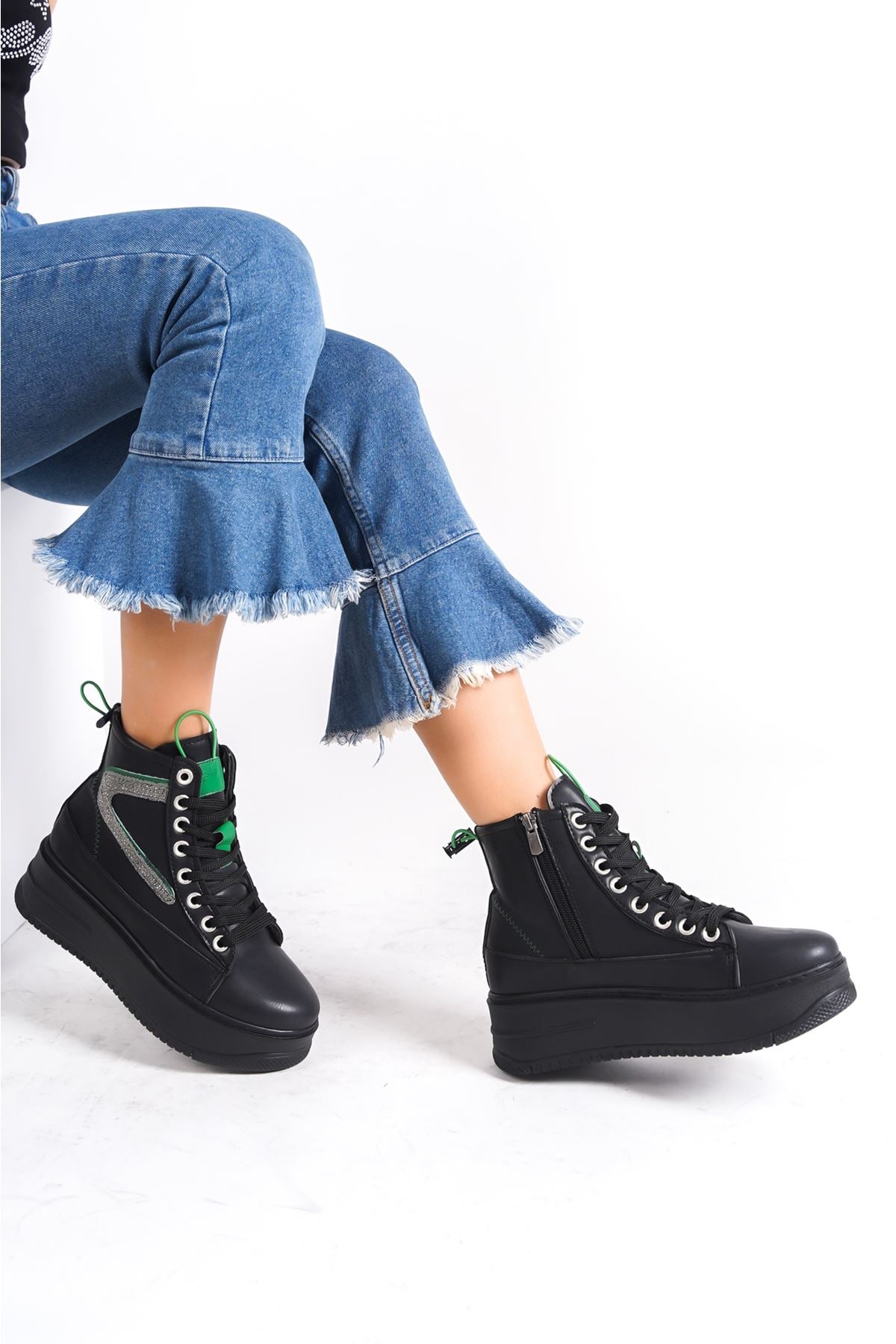 Women's Black Thick Soled Sports Boots with Green Detail - STREETMODE™