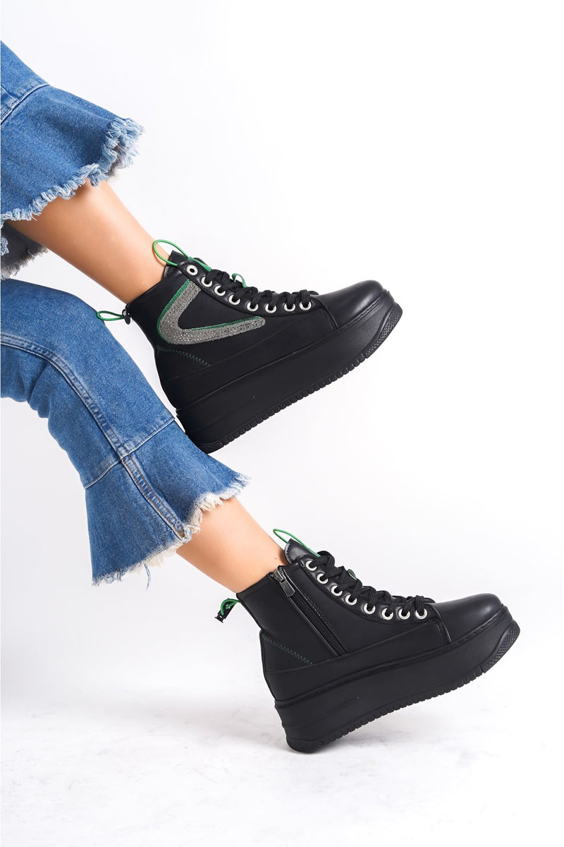 Women's Black Thick Soled Sports Boots with Green Detail - STREETMODE™
