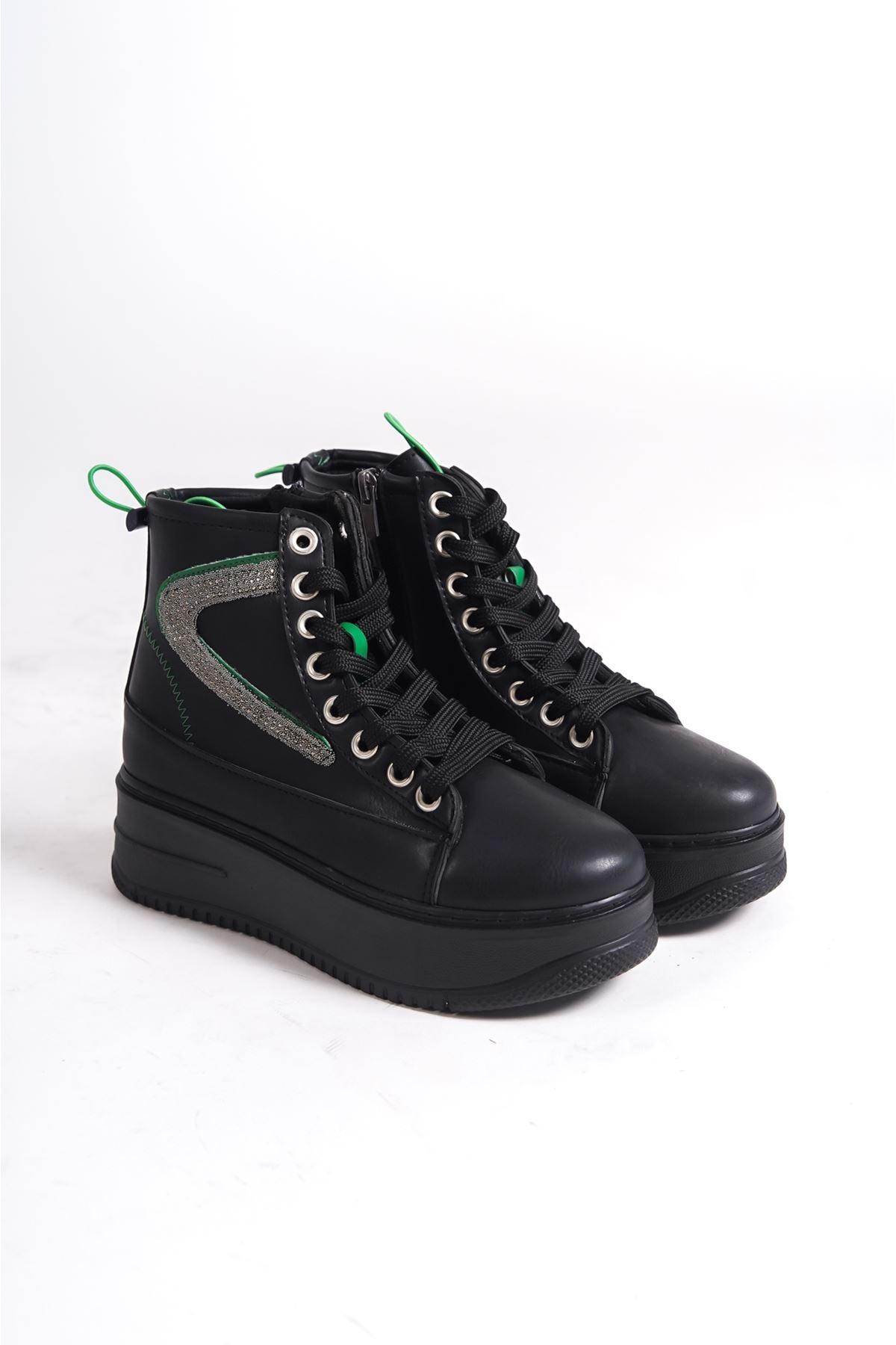 Women's Black Thick Soled Sports Boots with Green Detail - STREETMODE™