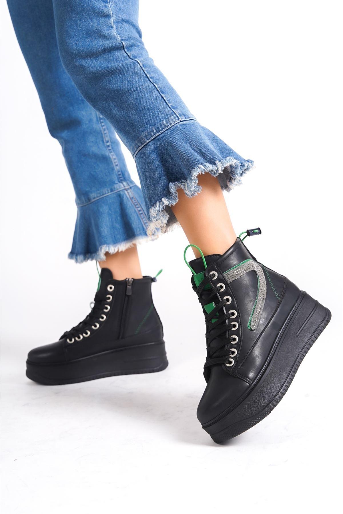 Women's Black Thick Soled Sports Boots with Green Detail - STREETMODE™