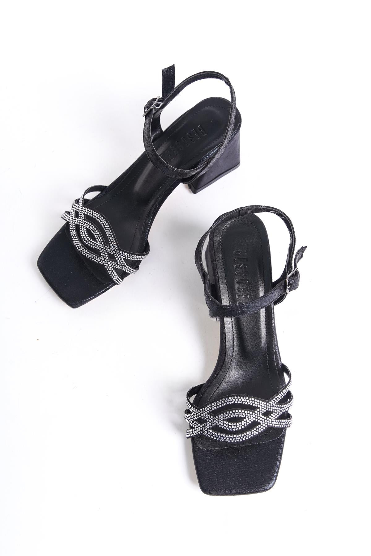 Women's Black Yekm Low Heel Stone Evening Dress Sandals Shoes - STREETMODE™