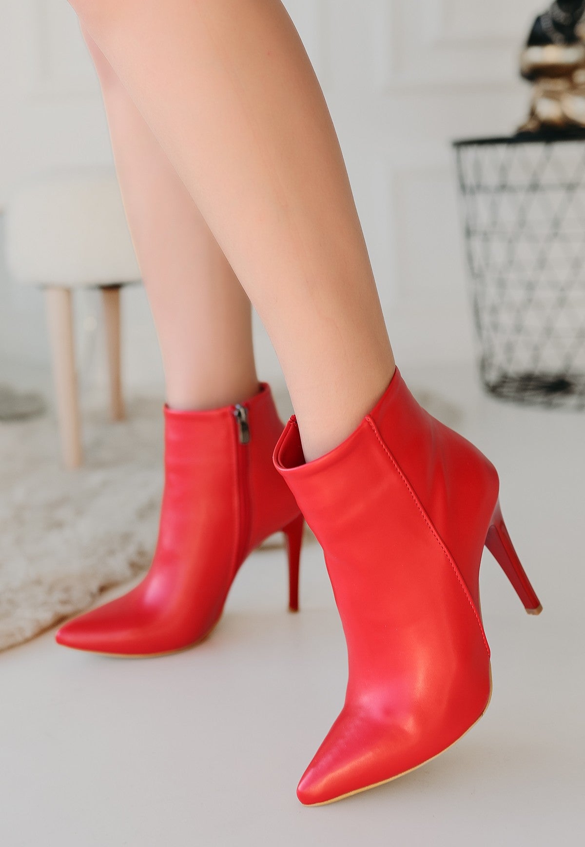 Women's Blan Red Leather High Heel Boots - STREETMODE™