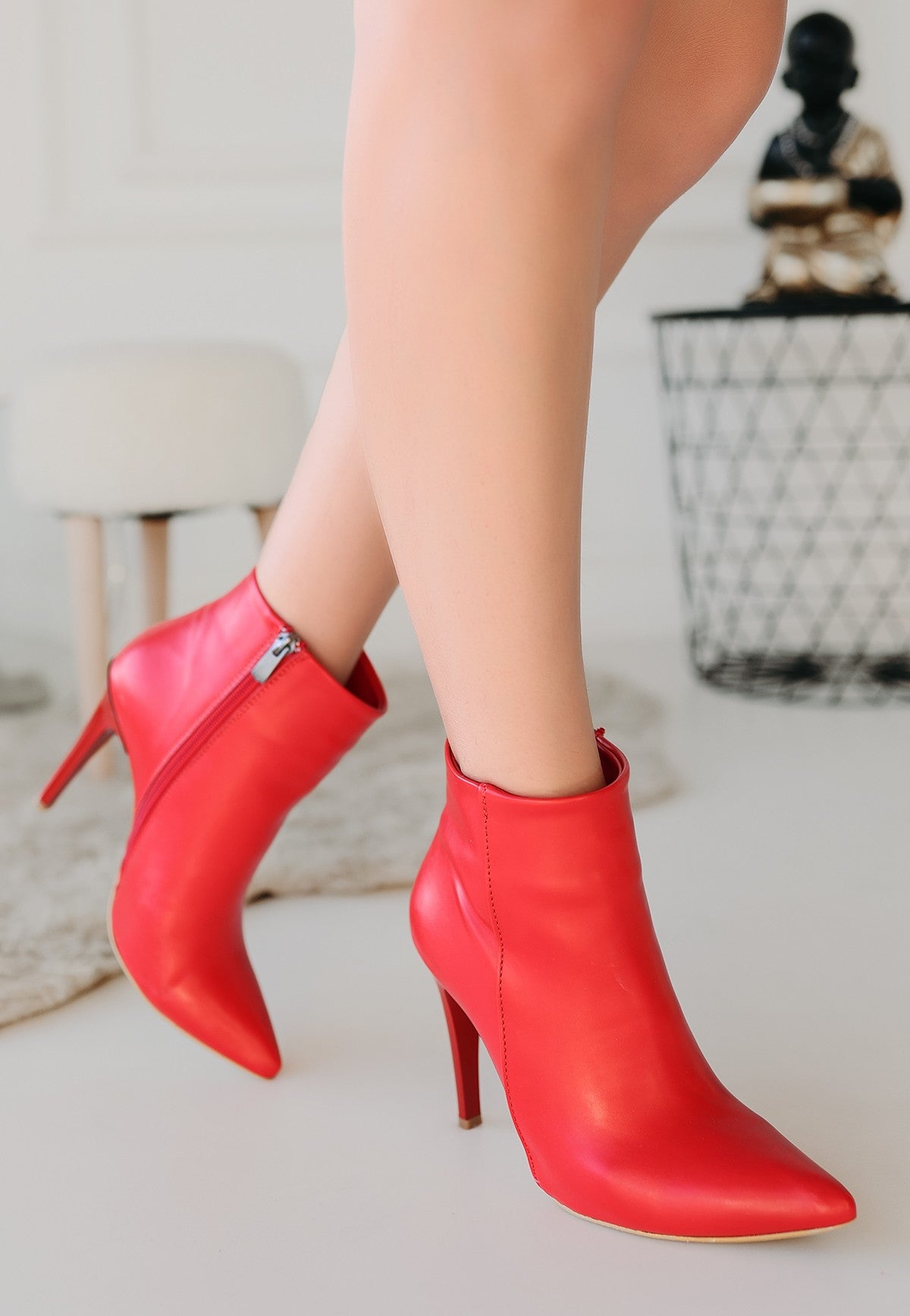 Women's Blan Red Leather High Heel Boots - STREETMODE™