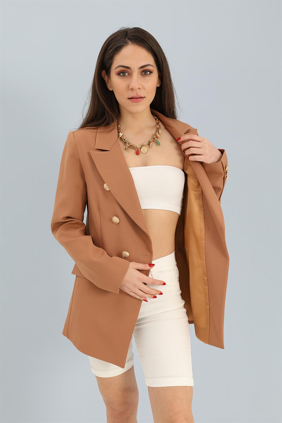 Women's Blazer Fleto Pocket Atlas Fabric Jacket - Camel - STREETMODE™