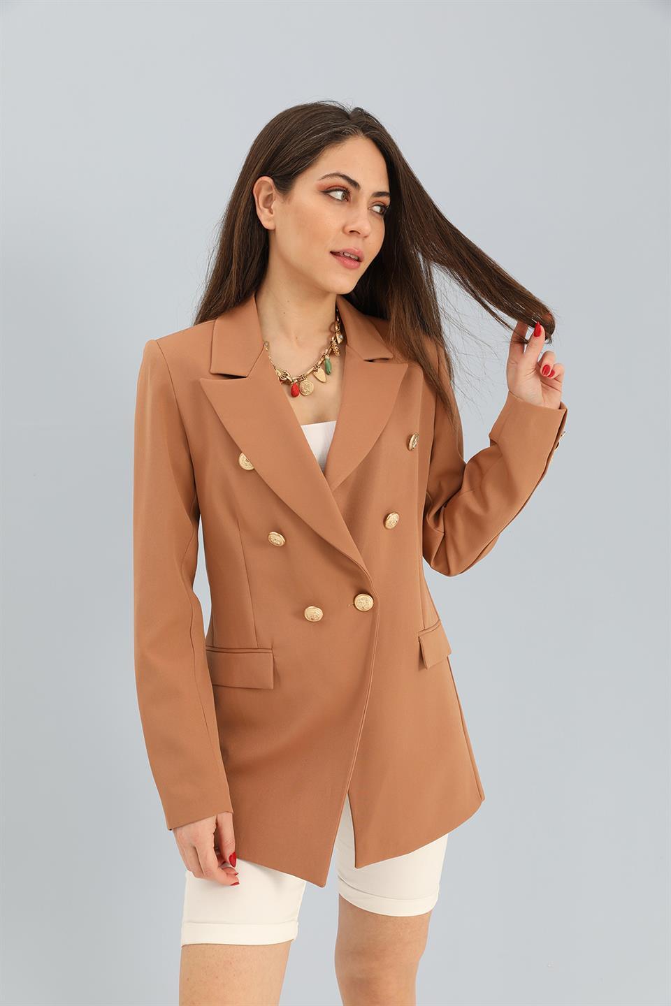 Women's Blazer Fleto Pocket Atlas Fabric Jacket - Camel - STREETMODE™