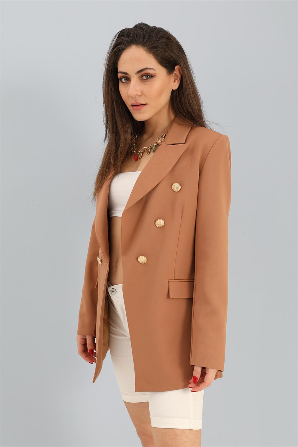 Women's Blazer Fleto Pocket Atlas Fabric Jacket - Camel - STREETMODE™