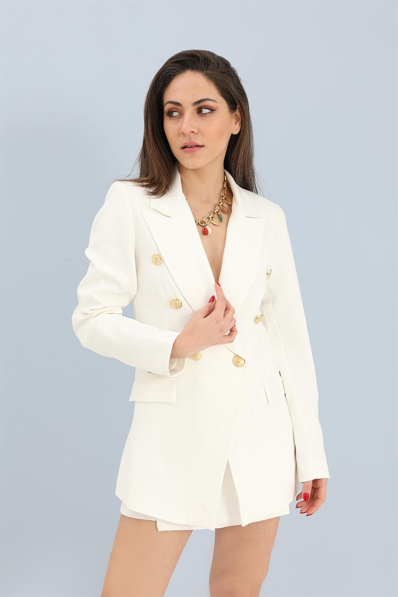 Women's Blazer Fleto Pocket Atlas Fabric Jacket - Ecru - STREETMODE™