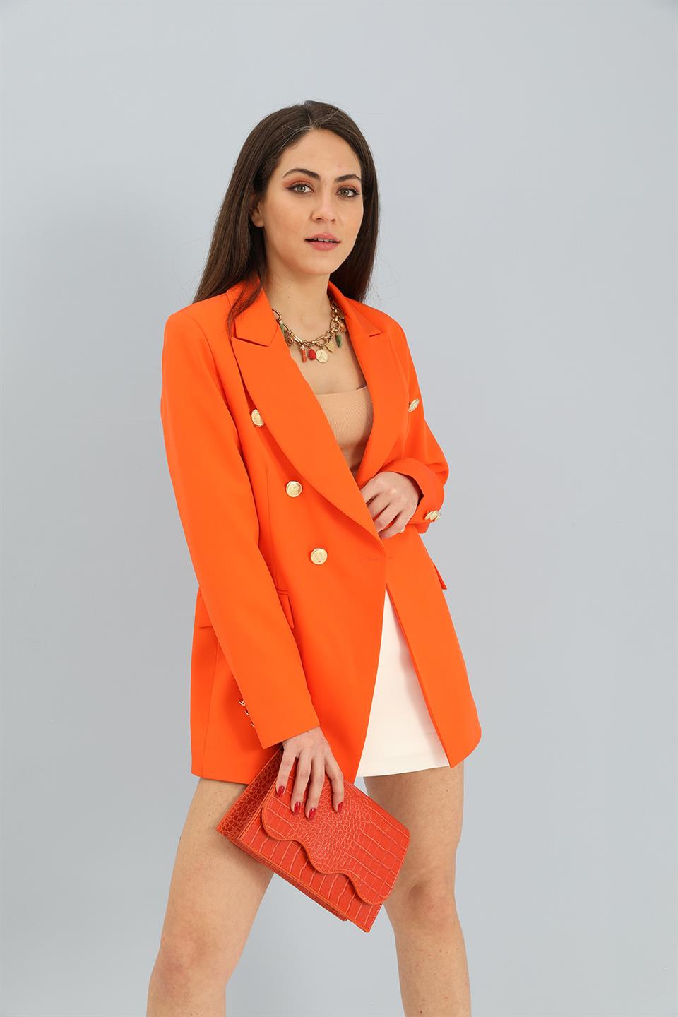 Women's Blazer Fleto Pocket Atlas Fabric Jacket - Orange - STREETMODE™