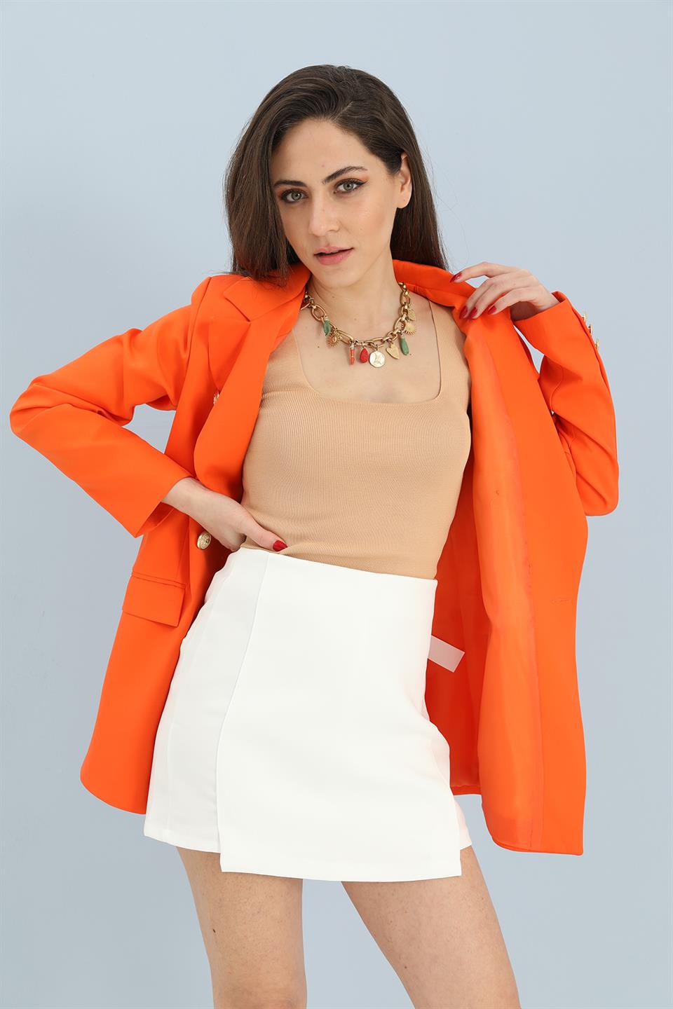 Women's Blazer Fleto Pocket Atlas Fabric Jacket - Orange - STREETMODE™