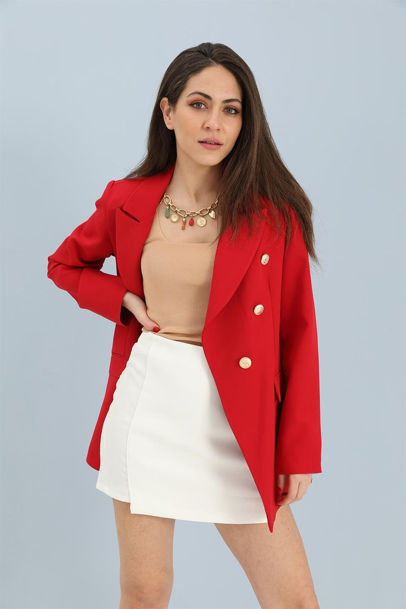 Women's Blazer Fleto Pocket Atlas Fabric Jacket - Red - STREETMODE™