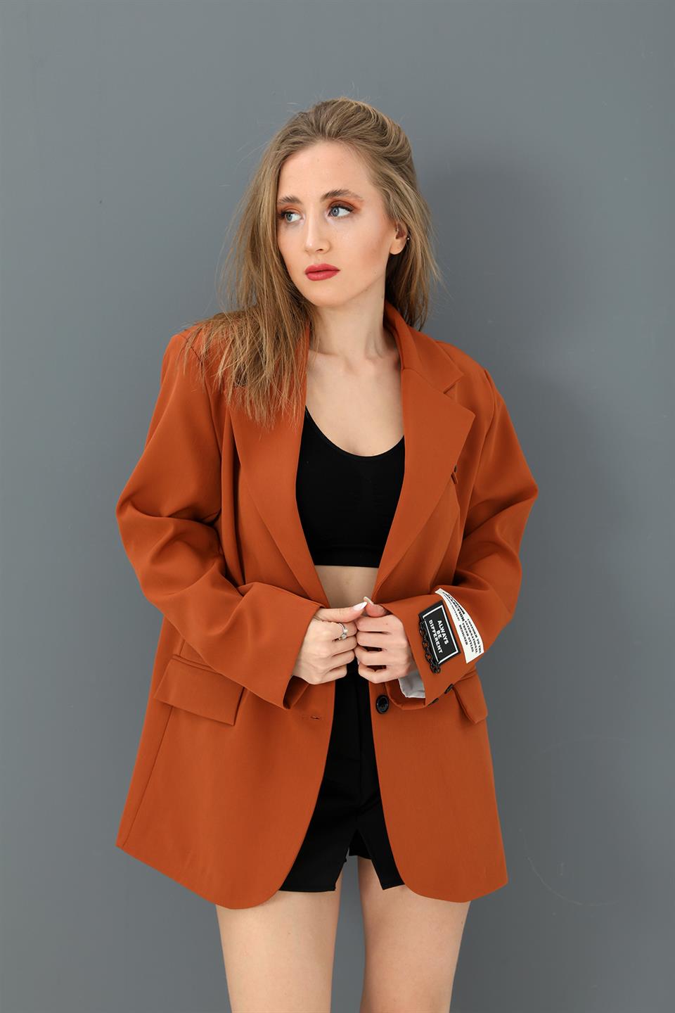 Women's Blazer Jacket Sleeve Rigging Detail - Cinnamon - STREETMODE™