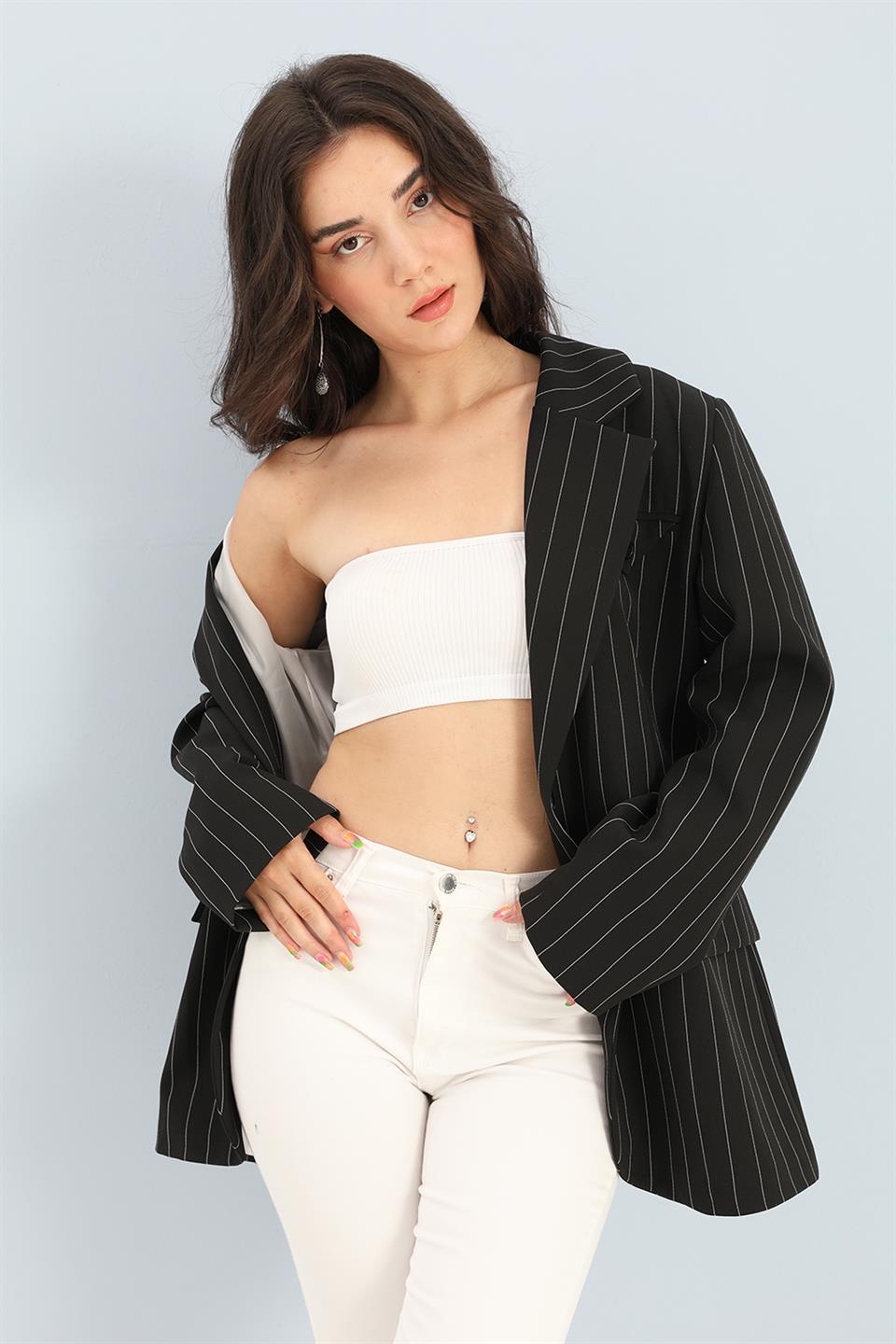 Women's Blazer Jacket Striped Atlas Fabric - Black - STREETMODE™