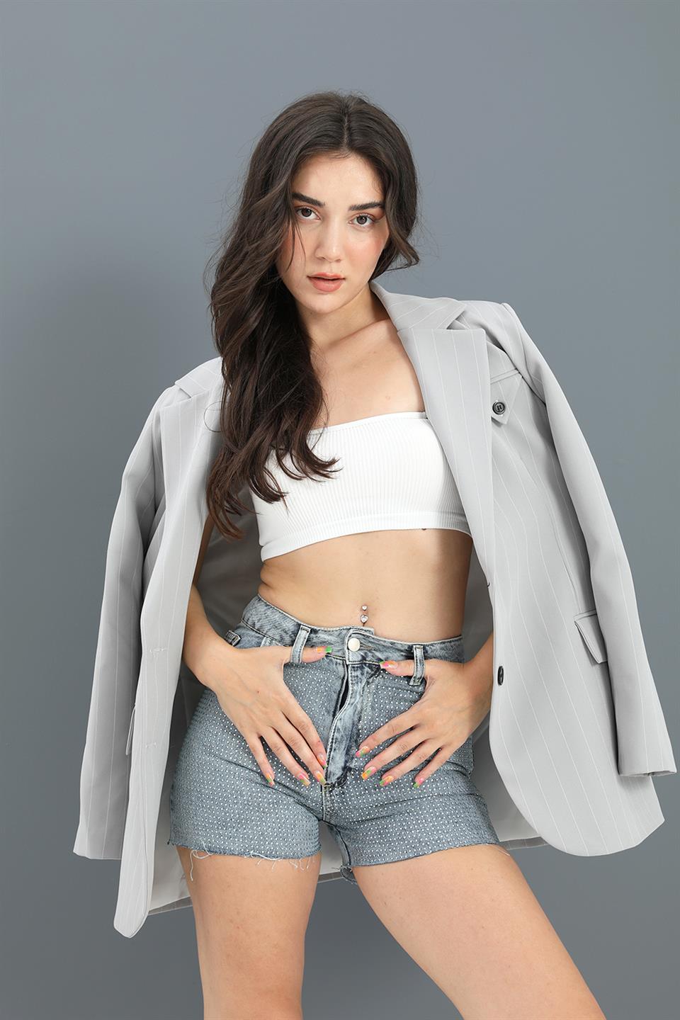 Women's Blazer Jacket Striped Atlas Fabric - Gray - STREETMODE™