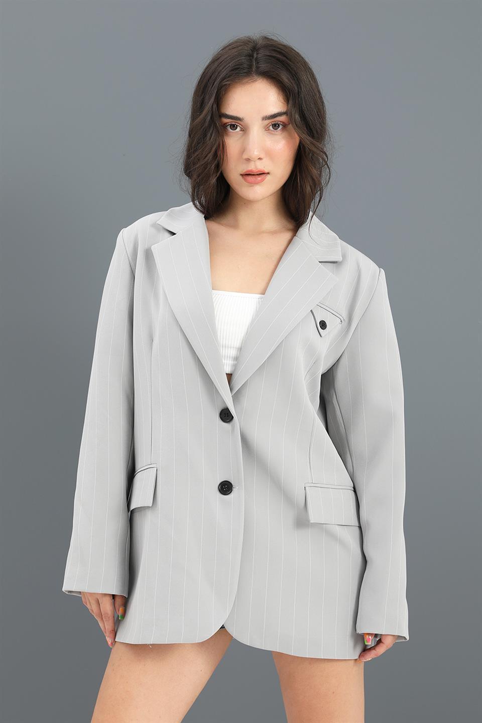 Women's Blazer Jacket Striped Atlas Fabric - Gray - STREETMODE™