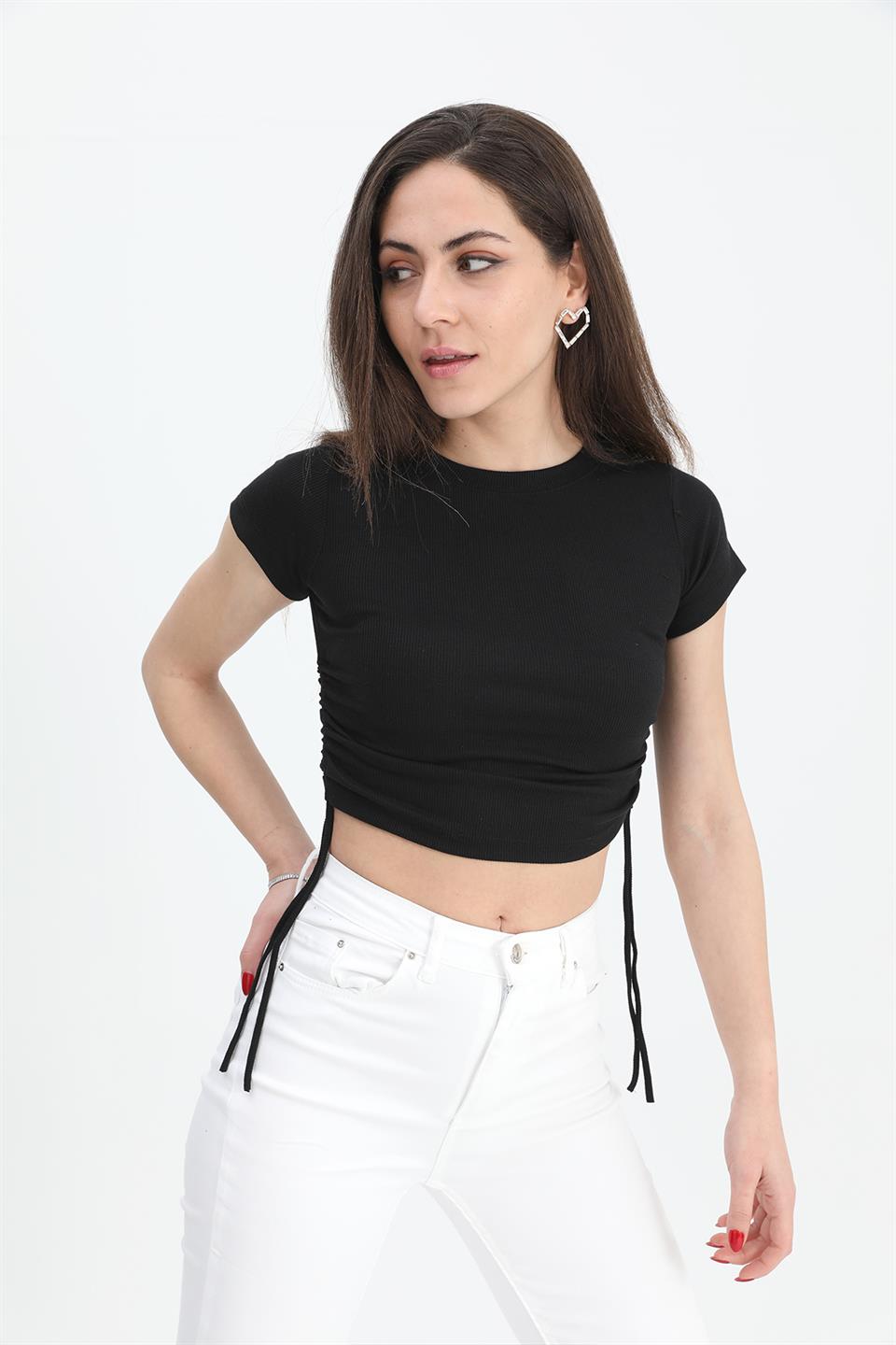 Women's Blouse Crew Neck Pleated Sides - Black - STREETMODE™