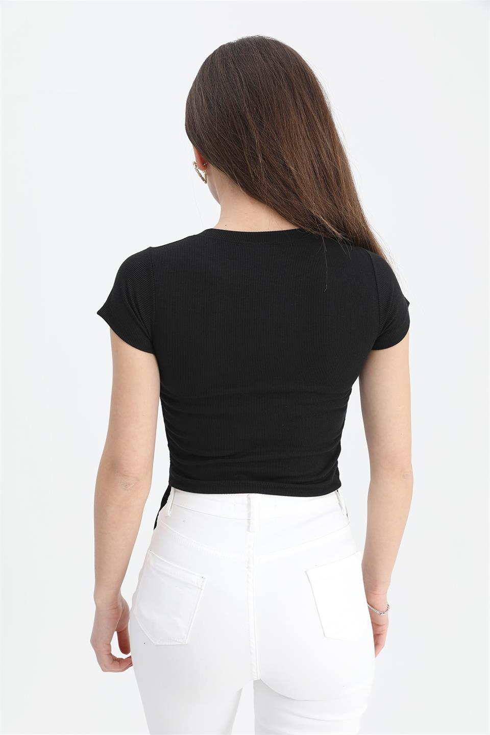Women's Blouse Crew Neck Pleated Sides - Black - STREETMODE™