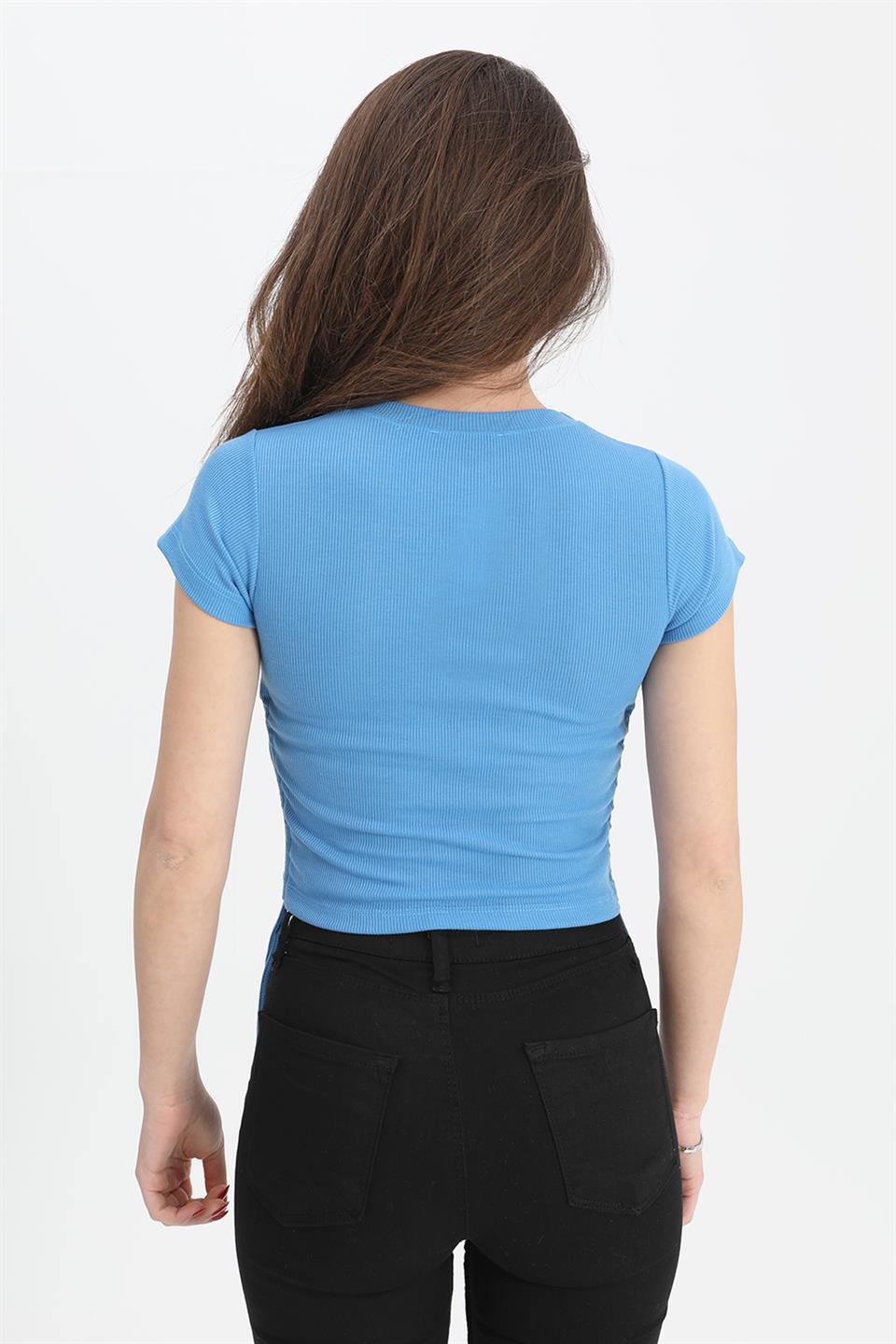 Women's Blouse Crew Neck Pleated Sides - Blue - STREETMODE™