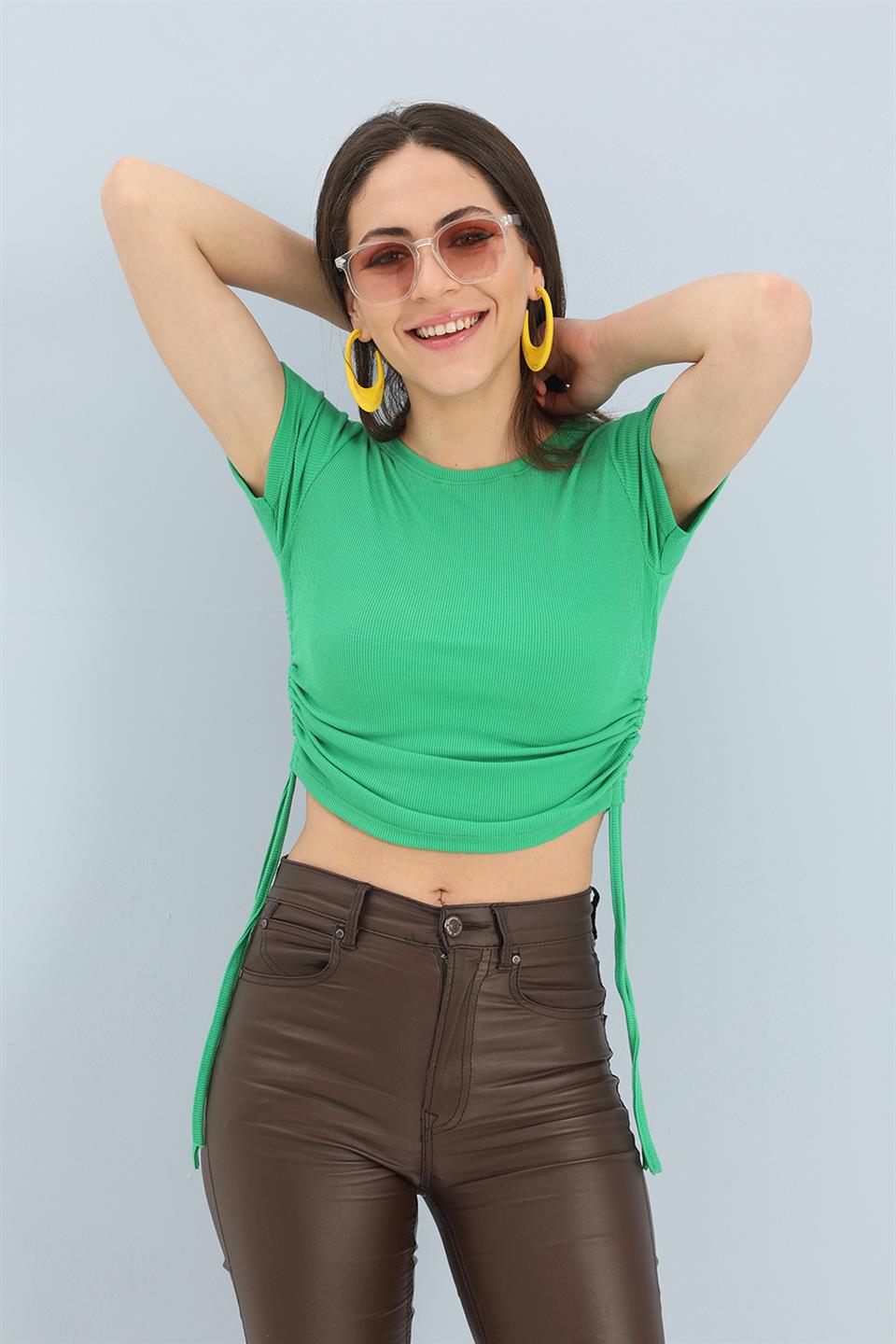 Women's Blouse Crew Neck Pleated Sides - Green - STREETMODE™