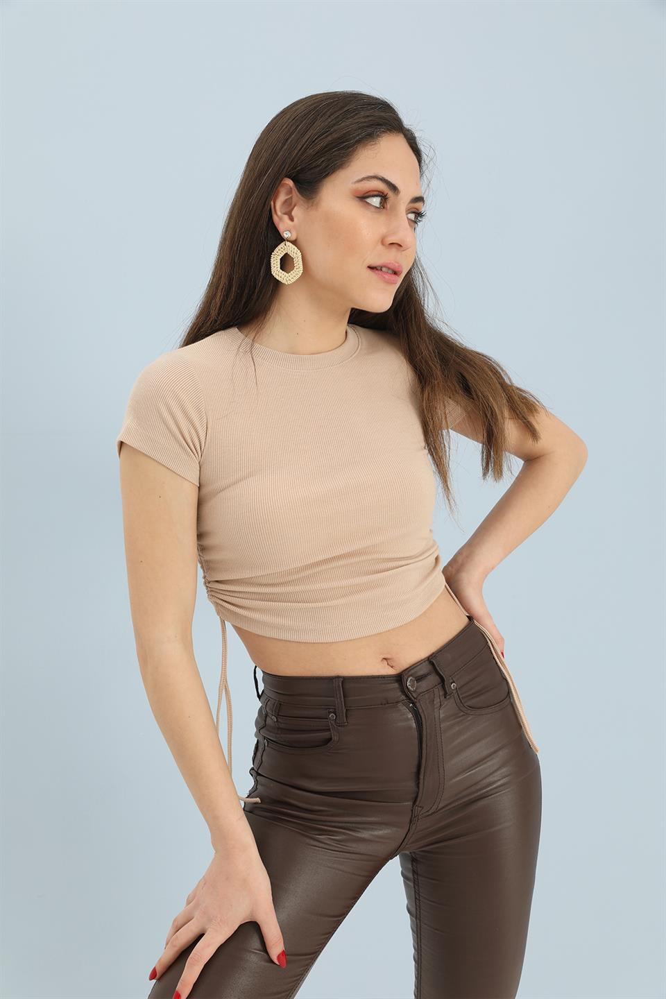Women's Blouse Crew Neck Pleated Sides - Mink - STREETMODE™
