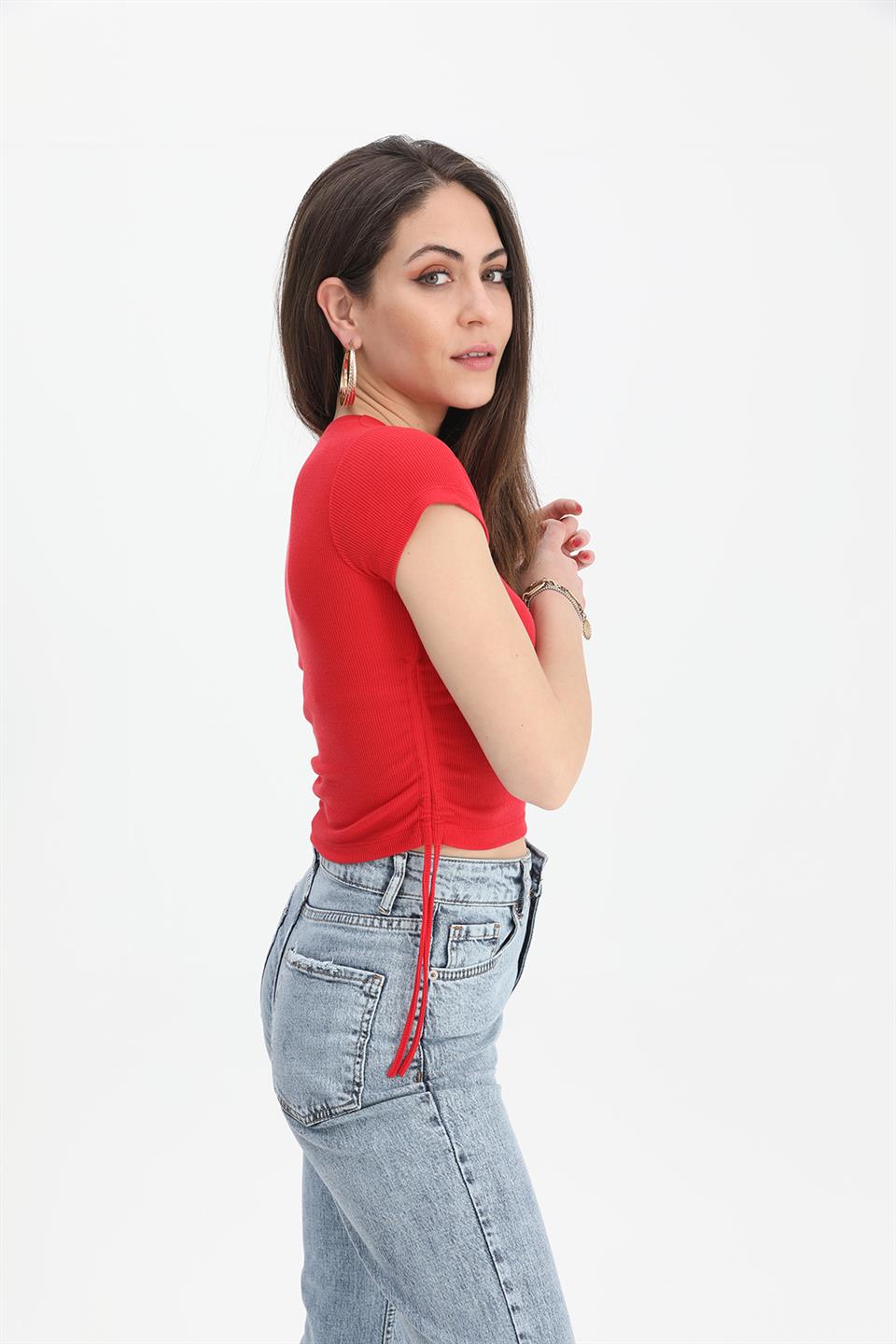 Women's Blouse Crew Neck Pleated Sides - Red - STREETMODE™