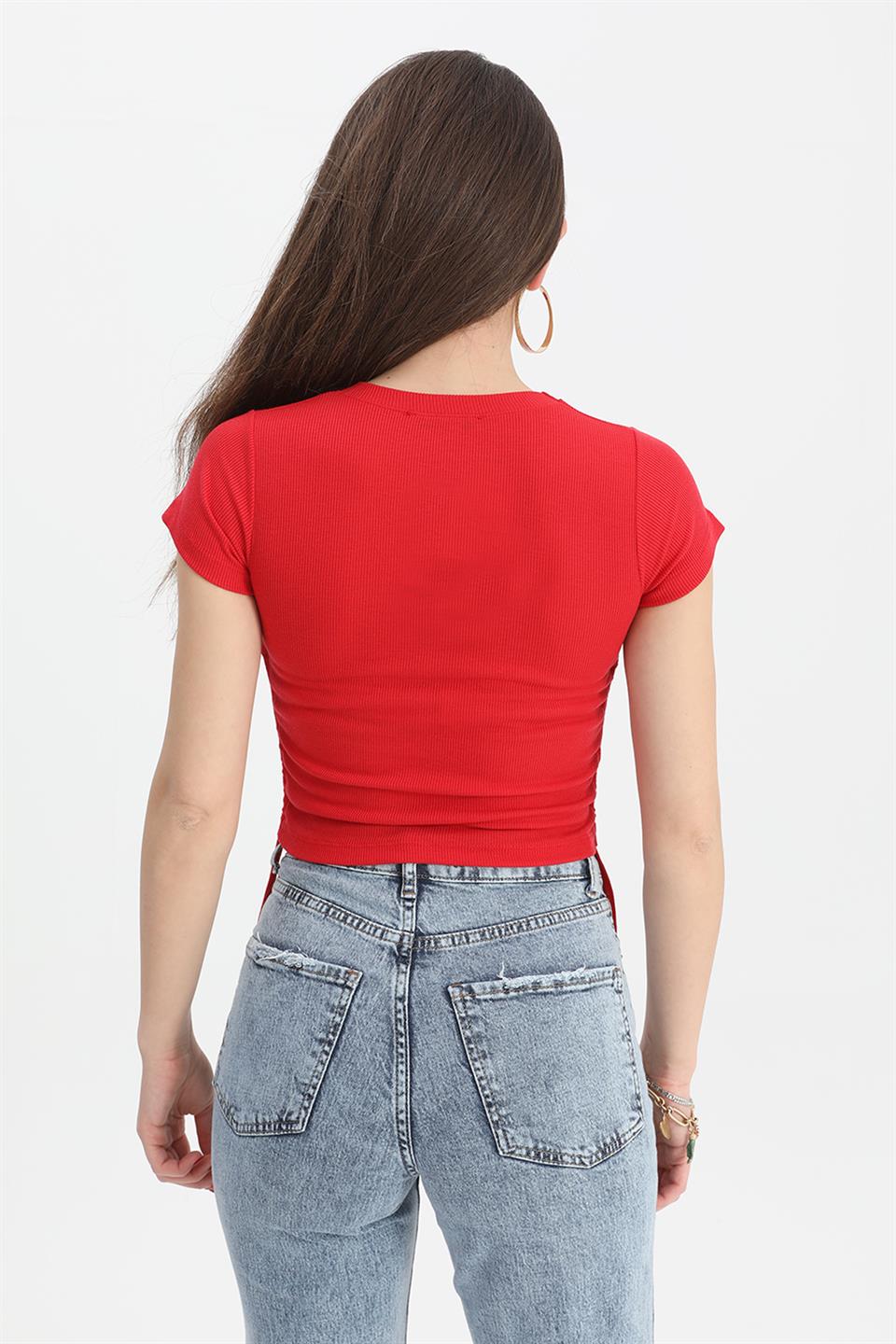 Women's Blouse Crew Neck Pleated Sides - Red - STREETMODE™