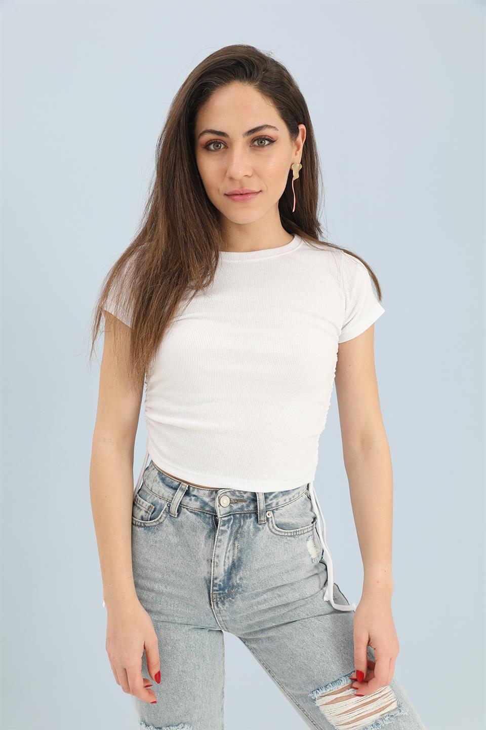 Women's Blouse Crew Neck Pleated Sides - White - STREETMODE™