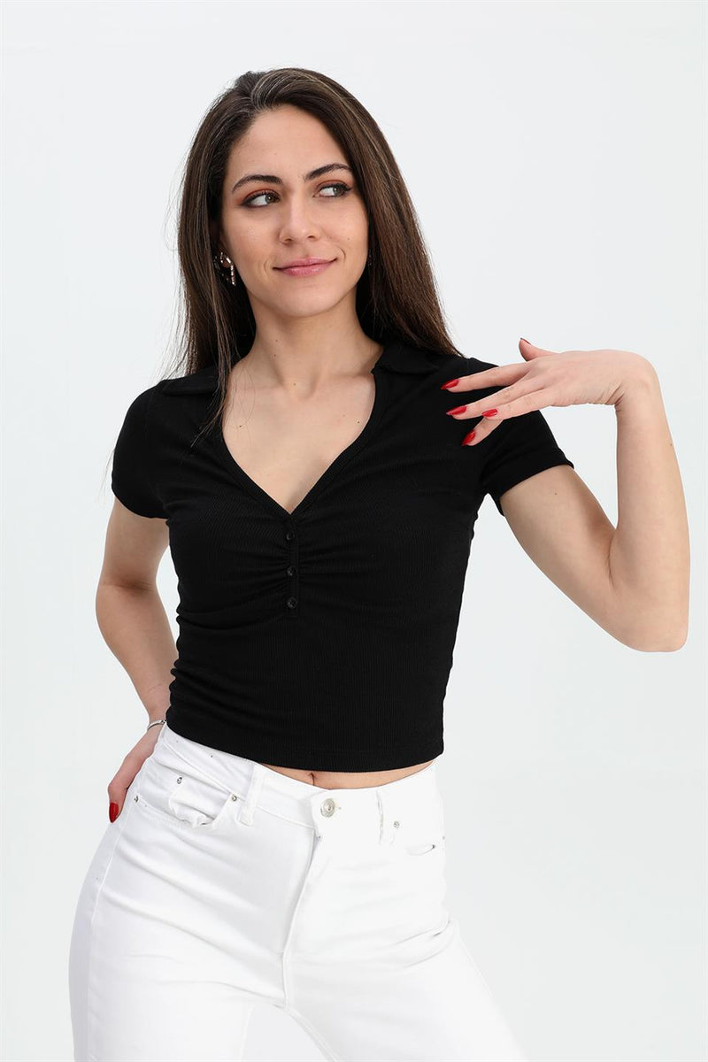 Women's Blouse Shirt Collar Short Sleeve Camisole - Black - STREETMODE™