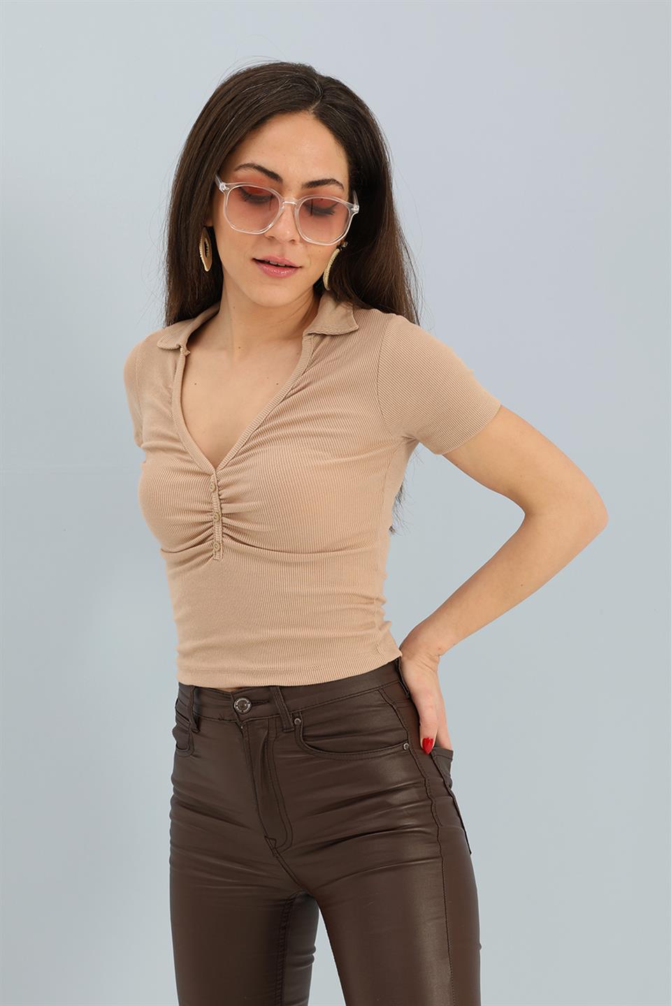 Women's Blouse Shirt Collar Short Sleeve Camisole - Mink - STREETMODE™