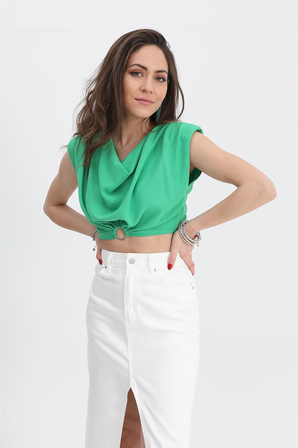 Women's Blouse Shoulders Padded Waist Elastic Ring Detailed - Green - STREETMODE™