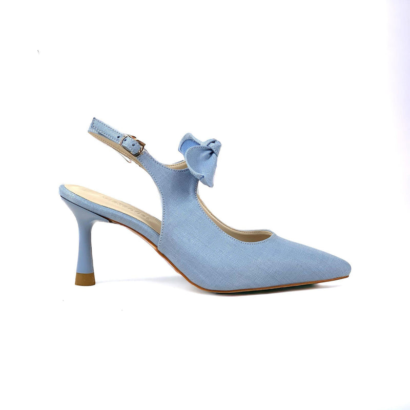 Women's Blue Denim Material Tanb Bow Detailed Heeled Pointed Toe Shoes 7 cm Heel - STREETMODE™