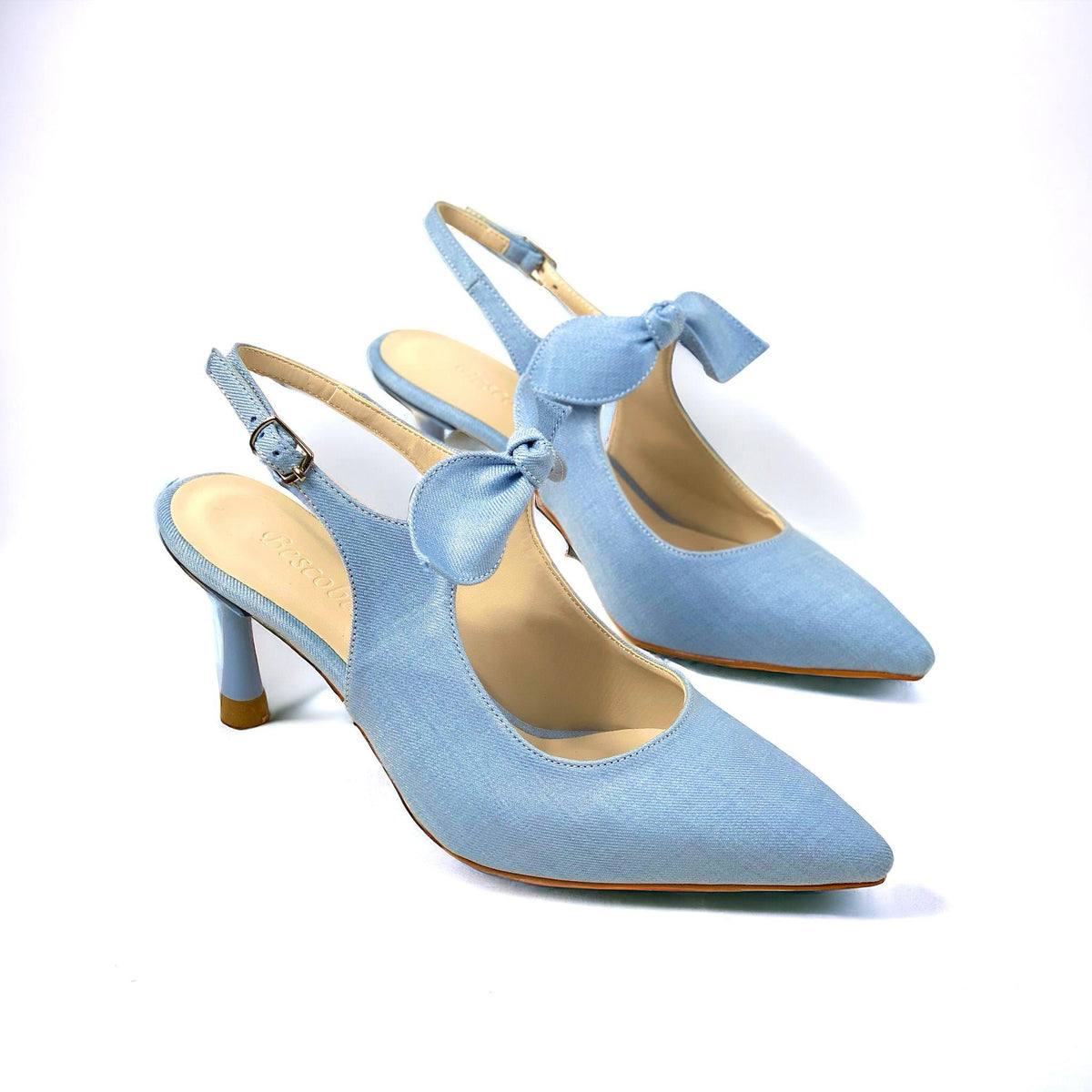Women's Blue Denim Material Tanb Bow Detailed Heeled Pointed Toe Shoes 7 cm Heel - STREETMODE™