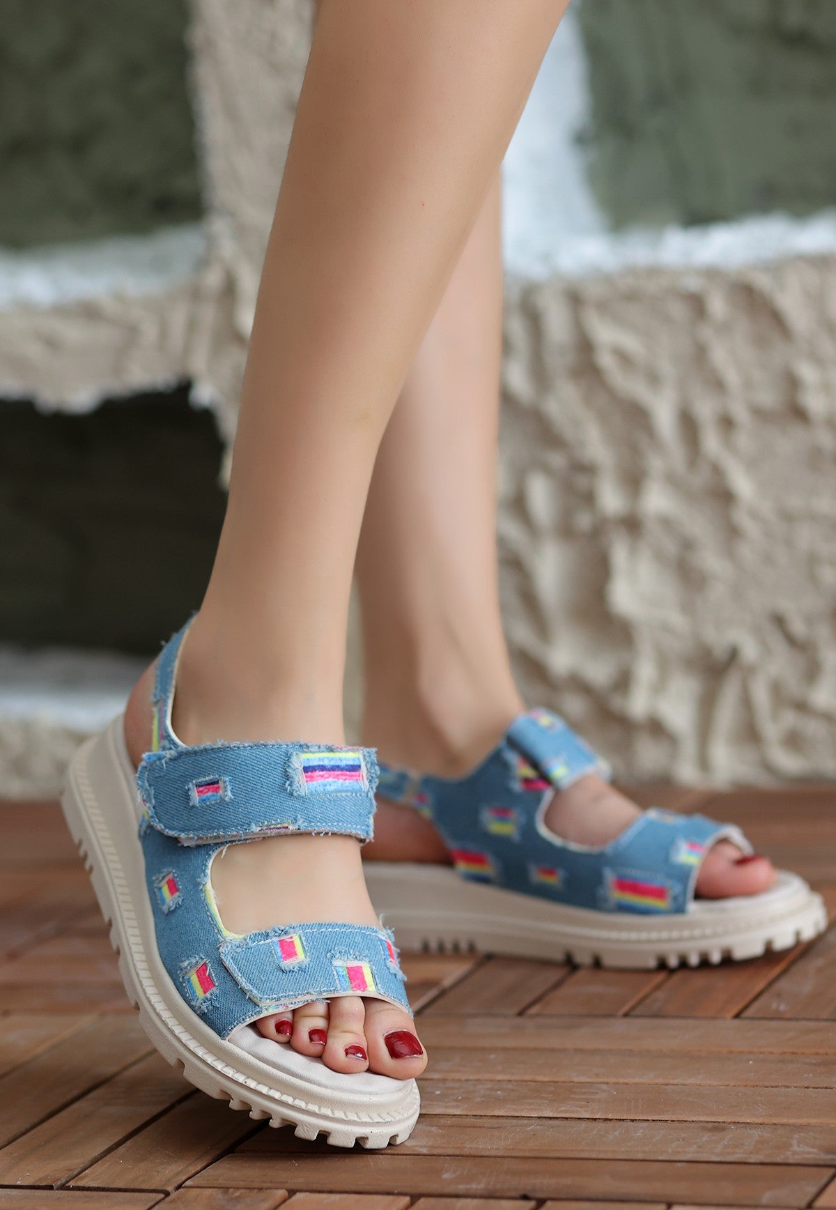 Women's Blue Denim Velcro Sandals - STREETMODE™