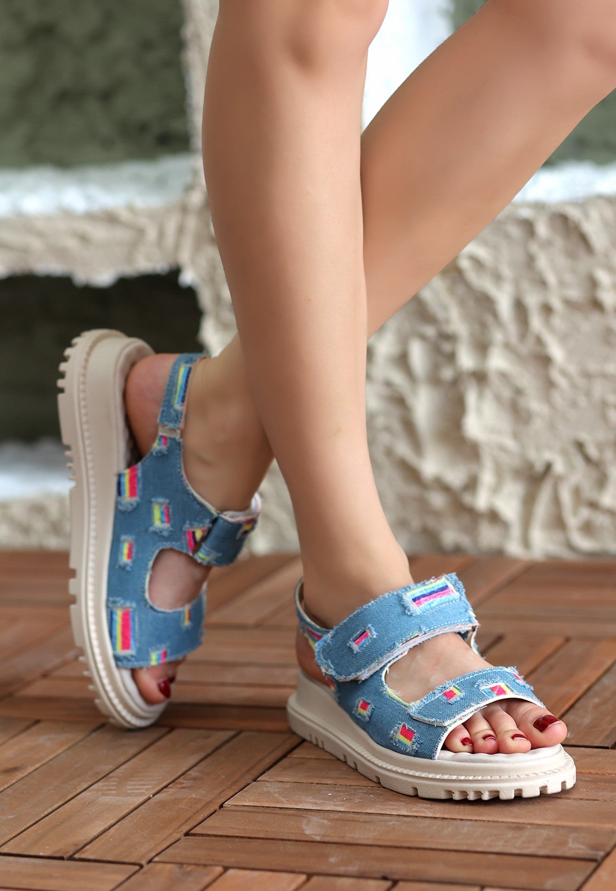 Women's Blue Denim Velcro Sandals - STREETMODE™