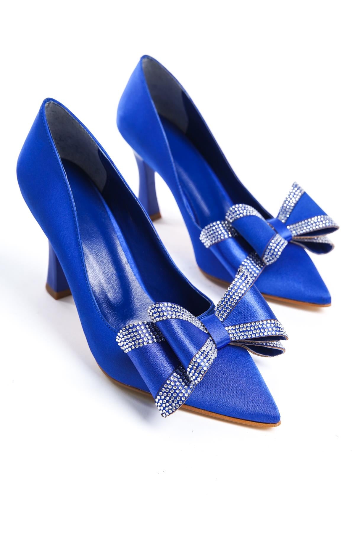 Women's Blue Fasm Satin Painted Heel Bow Detailed Evening Dress Shoes - STREETMODE™