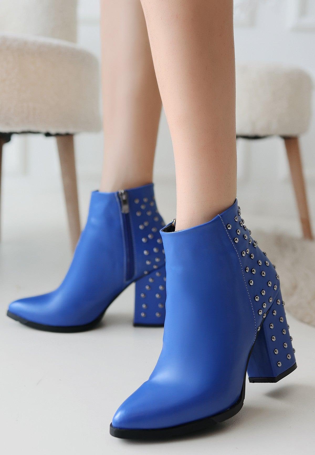 Women's Blue Leather Heeled Boots - STREETMODE™