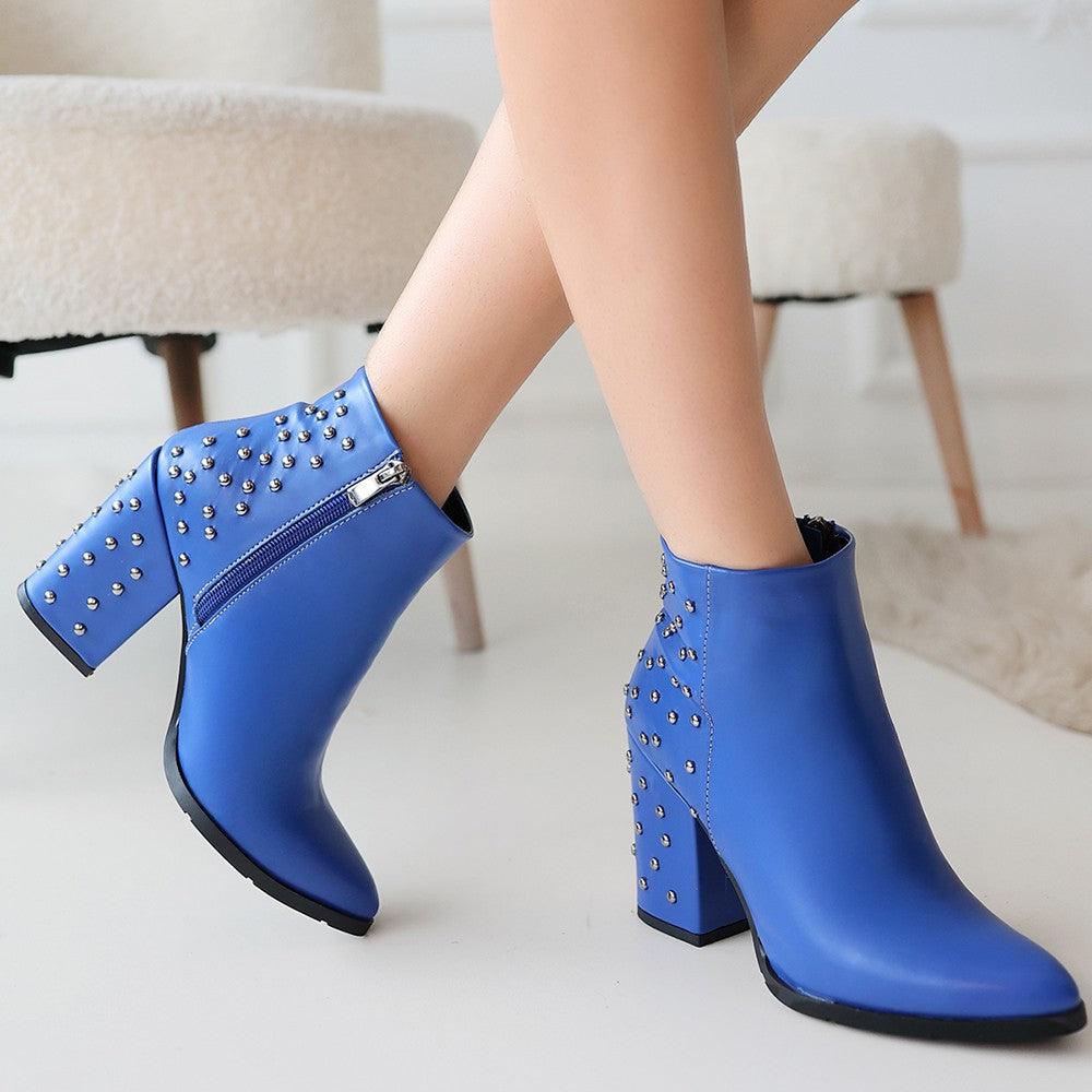 Women's Blue Leather Heeled Boots - STREETMODE™