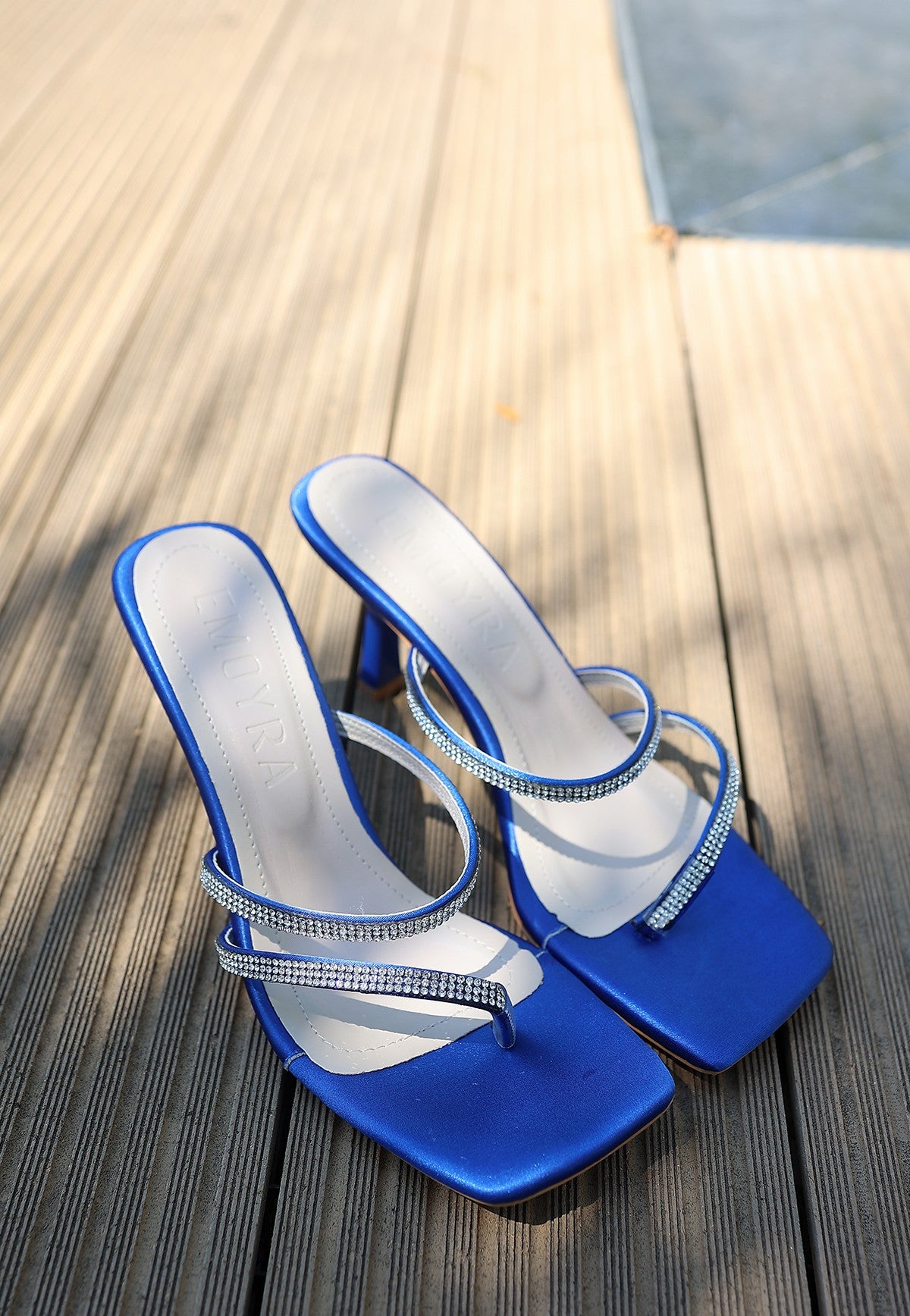 Women's Blue Satin Heeled Slippers - STREETMODE™